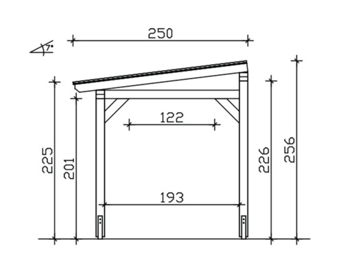 Technische tekening van een schuilplaats met maatvoering