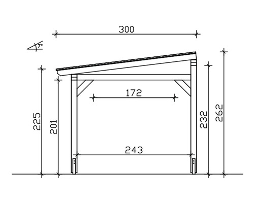 Technische tekening van een afdak met afmetingen