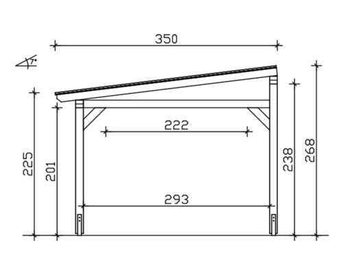 Technische tekening van een tuinhuis met afmetingen