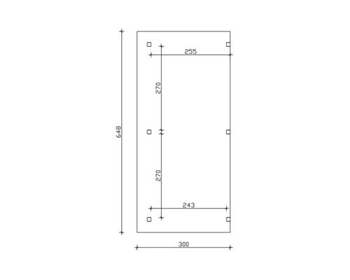 Technische tekening met maatvoering: lengte 648, breedte boven 255, breedte onder 243, totale breedte 300, afstand bevestigingspunten 270.