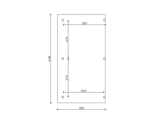 Technische tekening met maatvoering: hoogte 648, breedte 350, andere maten 305, 293 en 270.