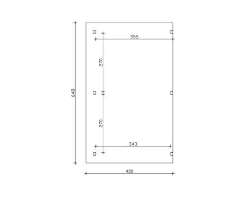 Bouwplan met afmetingen: 648 mm hoogte, 400 mm breedte, 355 mm bovenbreedte, 343 mm onderbreedte, 270 mm zijhoogte