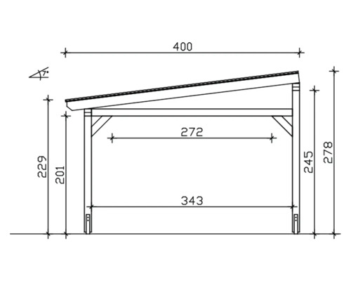 Technische tekening van een afdak met maatvoering