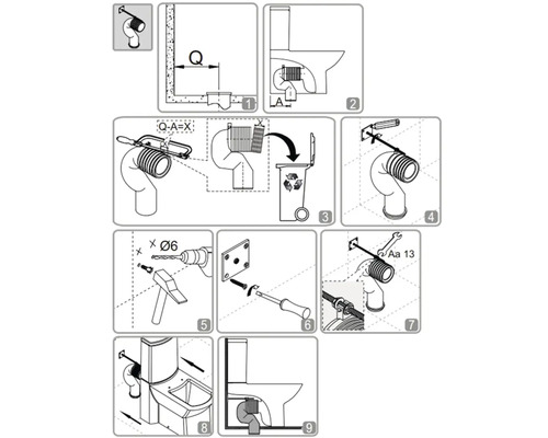 Installatie-instructies voor een toilet in negen stappen.