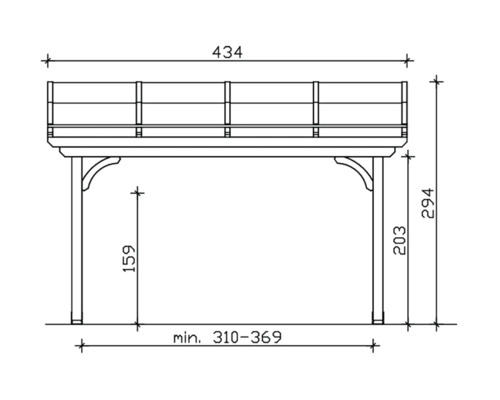 Technische tekening van een houten pergola met afmetingen