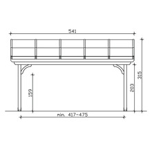 Technische tekening van een houten pergola met maatvoering.