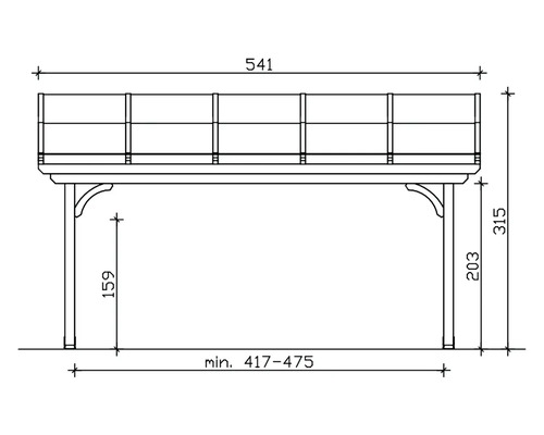 Technische tekening van een houten pergola met maatvoering.