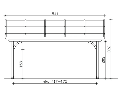 Technische tekening van een hekwerk met afmetingen