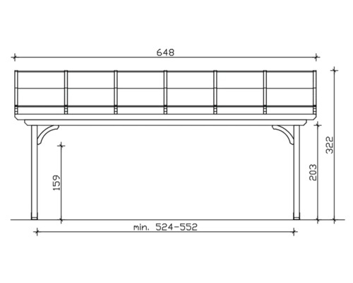 Technische tekening van een balkon met maatvoering