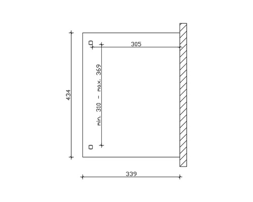Technische tekening met afmetingen voor een product, hoogte 434, breedte 339