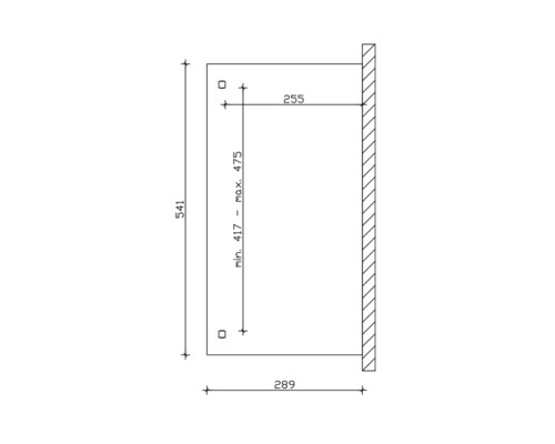 Technische tekening met maatvoering: hoogte 541, breedte 289, diepte 255, minimale hoogte 417, maximale hoogte 475.