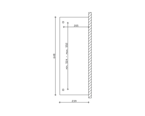 Technische tekening met maatvoering voor een product voor wandmontage: 648 millimeter hoog, 239 millimeter diep, afstand van de boorgaten minimaal 524 millimeter, maximaal 552 millimeter, afstand tot de wand 205 millimeter.