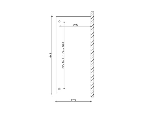 Technische tekening met maatvoering voor een product voor wandmontage, inclusief minimale en maximale hoogtes.