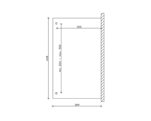 Technische tekening met afmetingen: 648 millimeter hoogte, 389 millimeter breedte, 355 millimeter diepte, minimaal 524 millimeter tot maximaal 552 millimeter