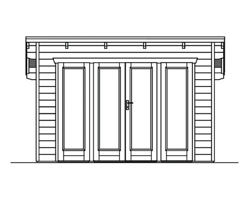 Tekening van een tuinhuis met dubbele deur