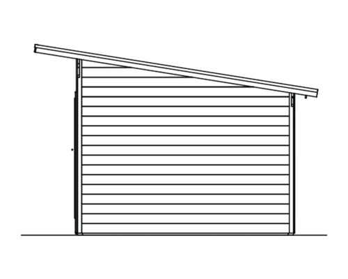 Tekening van een houten schuur met lessenaarsdak