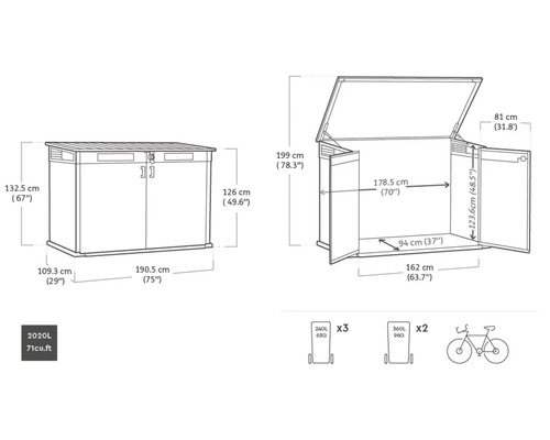 Afmetingen van een tuinkast, gesloten en open weergegeven