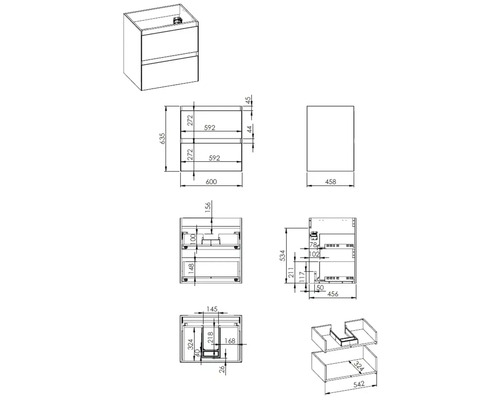 Technische tekening van een wastafelonderkast met afmetingen