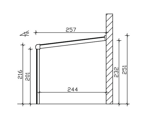 Technische tekening van een zonnescherm met afmetingen
