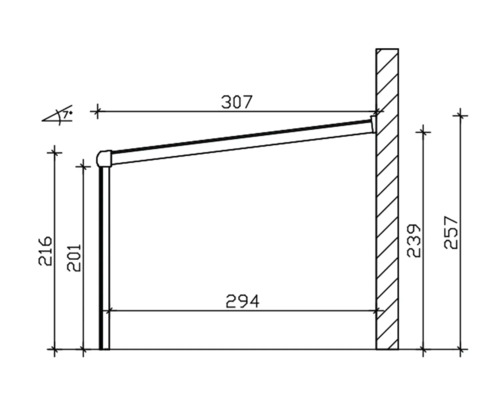Technische tekening van een zonnescherm met afmetingen