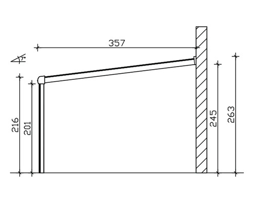 Technische tekening van een zonnescherm met maatvoering