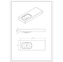 Tekening van een wastafelblad met wasbak en afmetingen