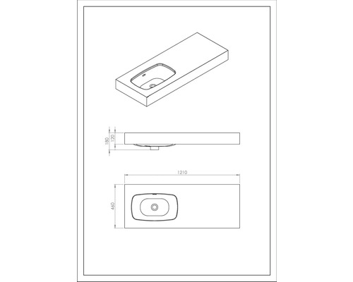 Tekening van een wastafelblad met wasbak en afmetingen