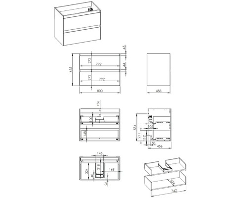 Technische tekening van een wastafelonderkast met afmetingen