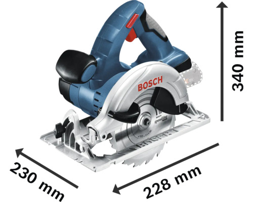 Bosch accucirkelzaag met afmetingen 340 mm hoogte, 230 mm breedte en 228 mm lengte.