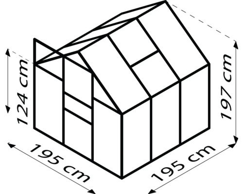 Tekening van een kas met de afmetingen 195 bij 195 bij 124/197 centimeter