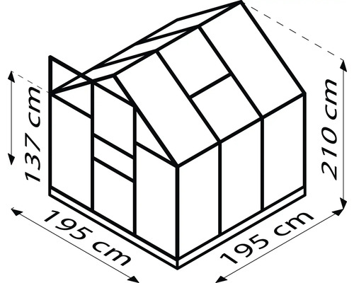 Afbeelding van een kas met de afmetingen 195 cm breed, 137 cm zijhoogte en 210 cm totale hoogte.