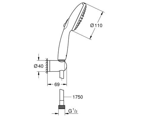 Technische tekening van een handdouche met maataanduidingen