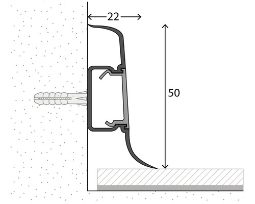 Schets van een plint met afmetingen 22 en 50