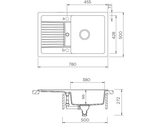 Technische tekening van een gootsteen met afmetingen.
