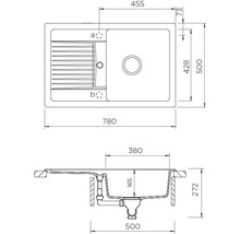 Technische tekening van een gootsteen met afdruiprek en afmetingen
