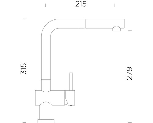 Technische tekening van een keukenkraan met de afmetingen 215, 315 en 279.