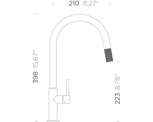Tekening van een keukenkraan met de afmetingen 398, 210 en 223 millimeter.