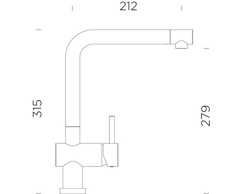 Technische tekening van een keukenkraan met afmetingen
