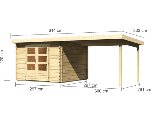Afbeelding van een houten tuinhuis met carport en maataanduidingen