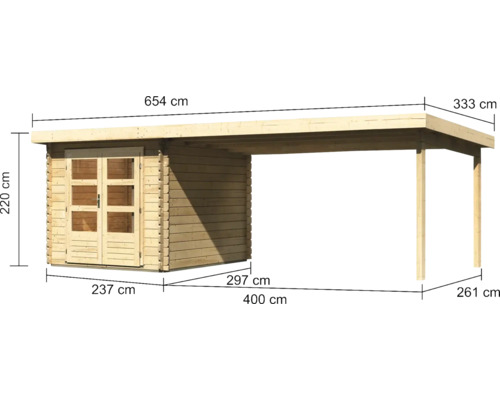 Afbeelding van een houten huis met carport en maatvoering.