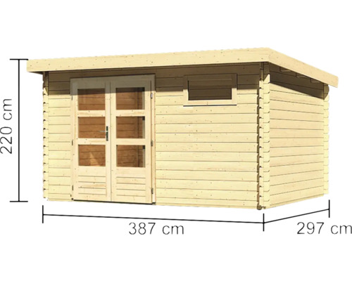 Houten tuinhuis met deur en raam, afmetingen 387 x 297 x 220 cm