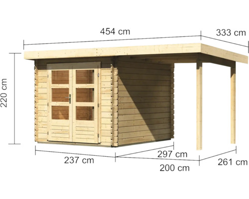 Afbeelding van een tuinhuis met afmetingen