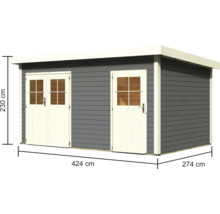 Afmetingen van een tuinhuis met twee deuren met een hoogte van 230 cm, een lengte van 424 cm en een breedte van 274 cm.