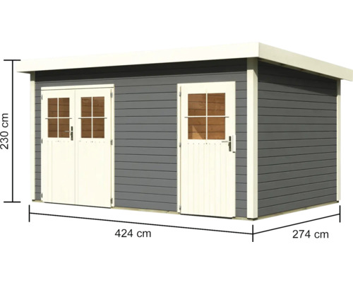 Afmetingen van een tuinhuis met twee deuren met een hoogte van 230 cm, een lengte van 424 cm en een breedte van 274 cm.