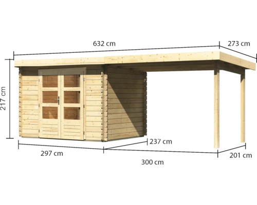 Afbeelding van een tuinhuis met carport en afmetingen