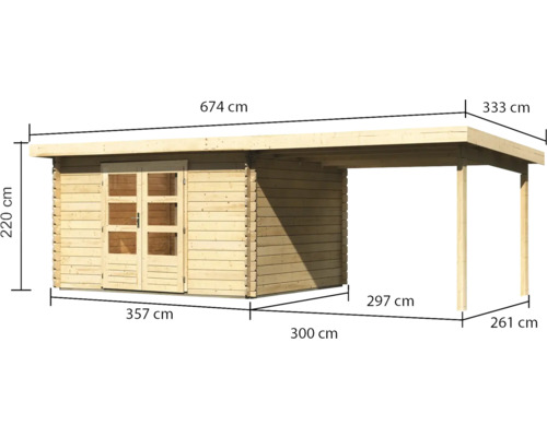 Afmetingen van het houten huis met overkapping.