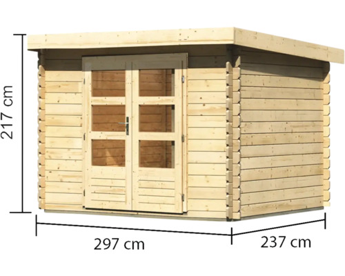 Houten tuinhuis met afmetingen 217 cm hoogte, 297 cm breedte en 237 cm diepte.