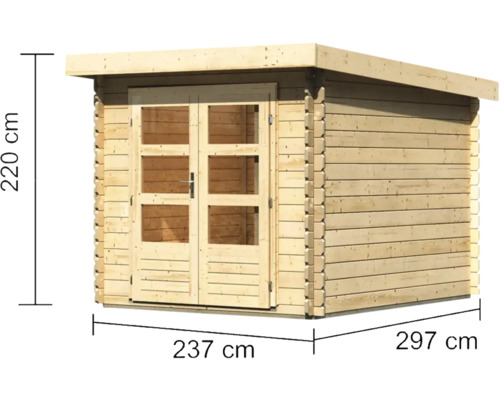 Houten tuinhuis met dubbele deur en de afmetingen 220 cm hoogte, 237 cm deurbreedte en 297 cm huisbreedte.