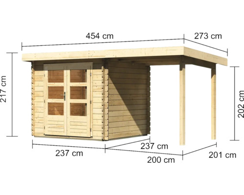 Afmetingen tuinhuis met afdak, 454 x 237 x 217 cm