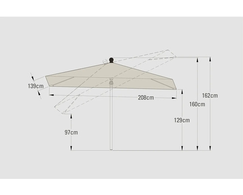Maataanduiding van een parasol met hoogte- en breedtegegevens